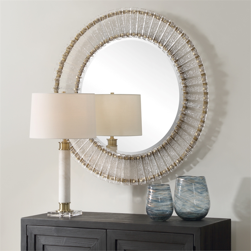 Uttermost Denali Textured Glass Round Mirror in in Gold