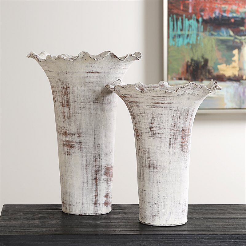 Uttermost Ruffled Petal White Vases Set of 2