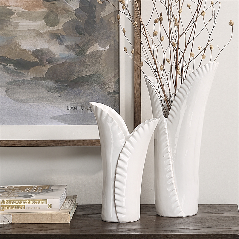 Uttermost Leafscape White Vases Set of 2