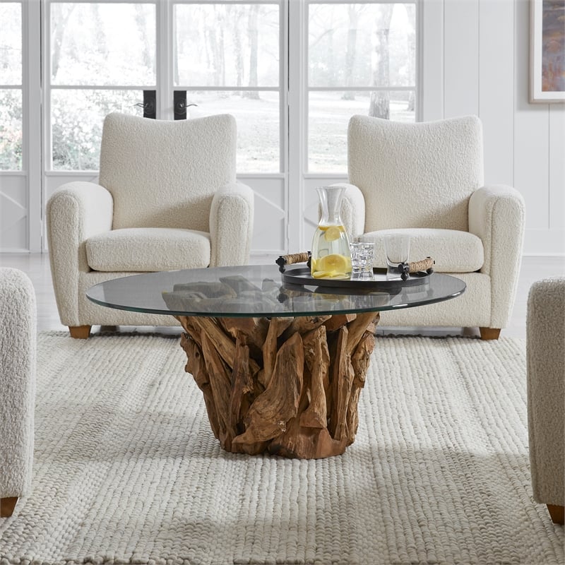Uttermost Driftwood Teak Wood Base Coffee Table with Clear Glass Top