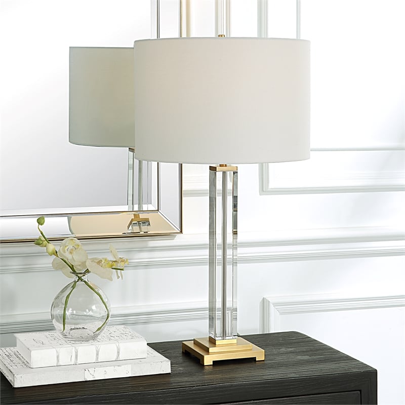 Uttermost Crystal Column Table Lamp in Antique Brass