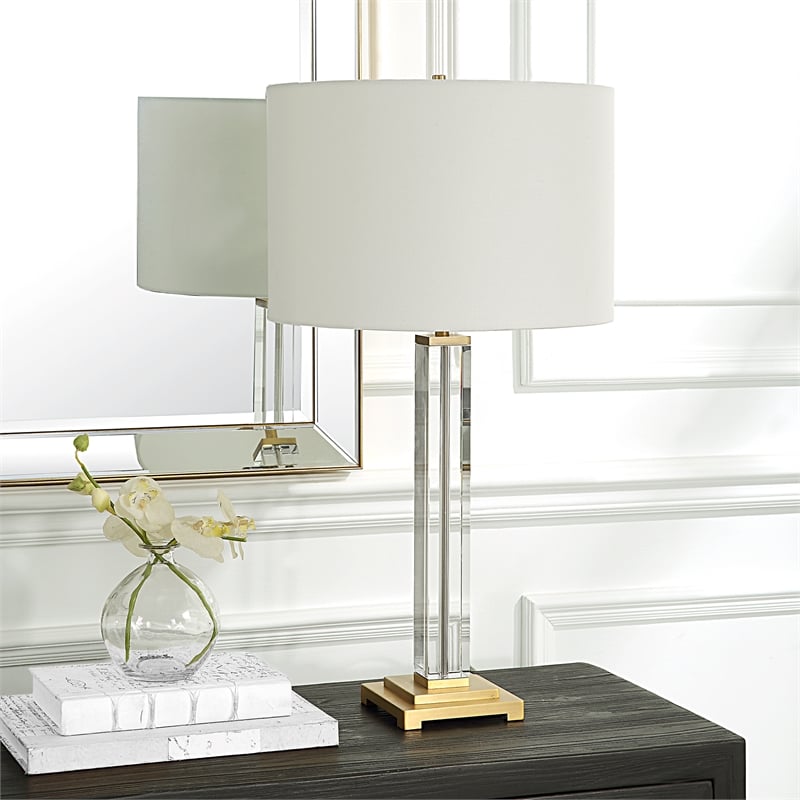 Uttermost Crystal Column Table Lamp in Antique Brass