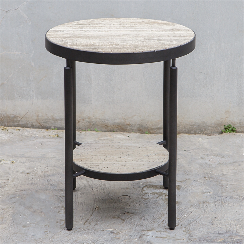 Uttermost Dauntless Travertine Side Table in Matte Black