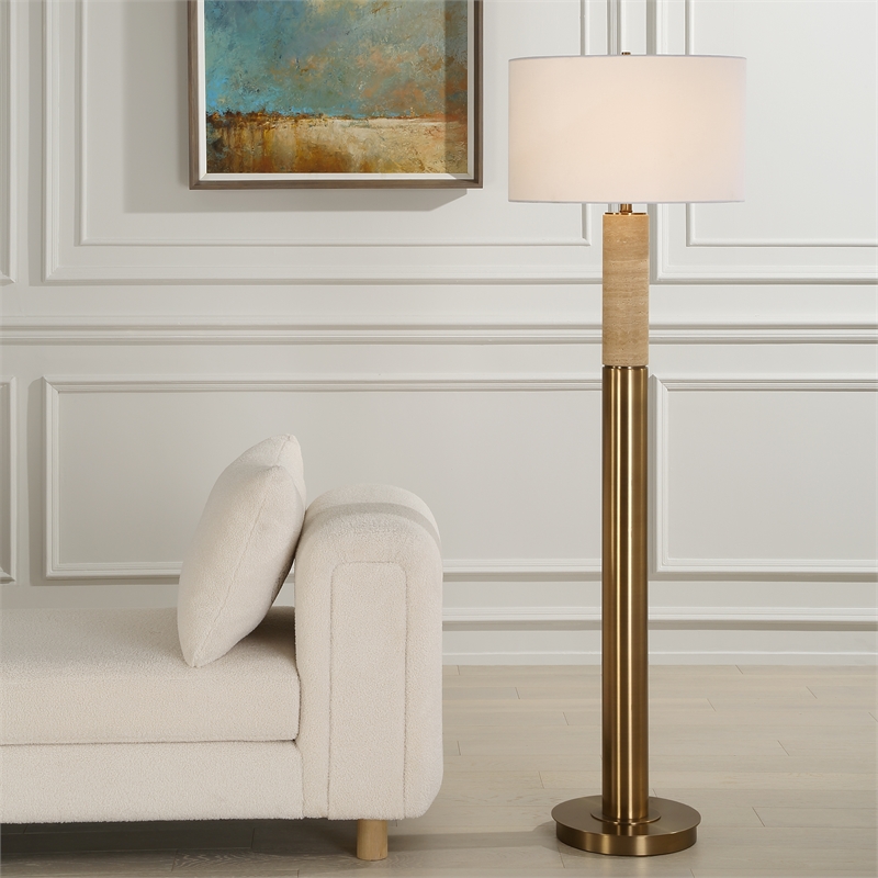 Uttermost Knox Travertine Floor Lamp in Antique Brass