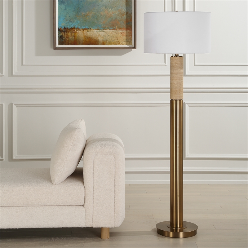 Uttermost Knox Travertine Floor Lamp in Antique Brass