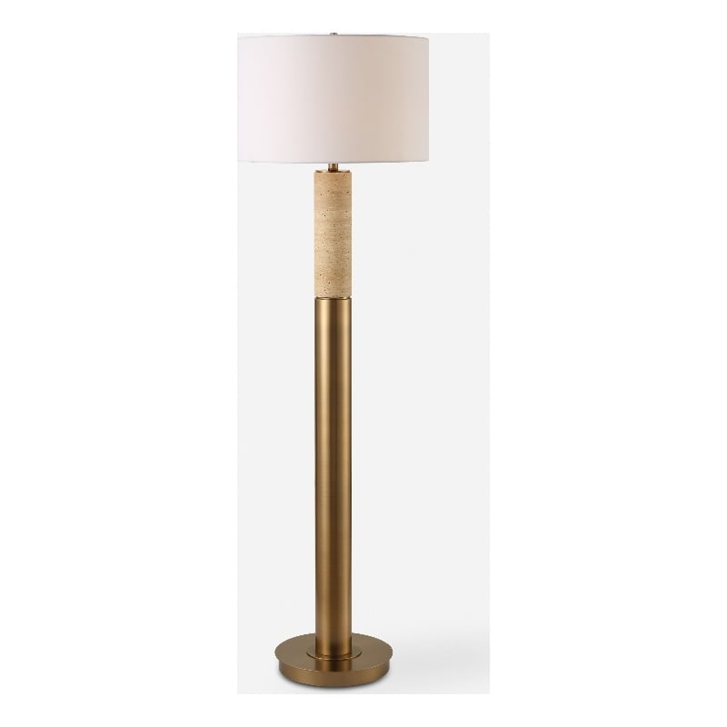 Uttermost Knox Travertine Floor Lamp in Antique Brass