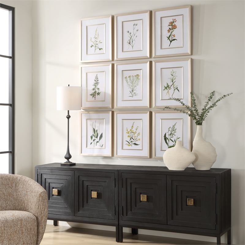 Uttermost Botanical Framed Prints in Champagne Frame/White Linen Mat (Set of 9)