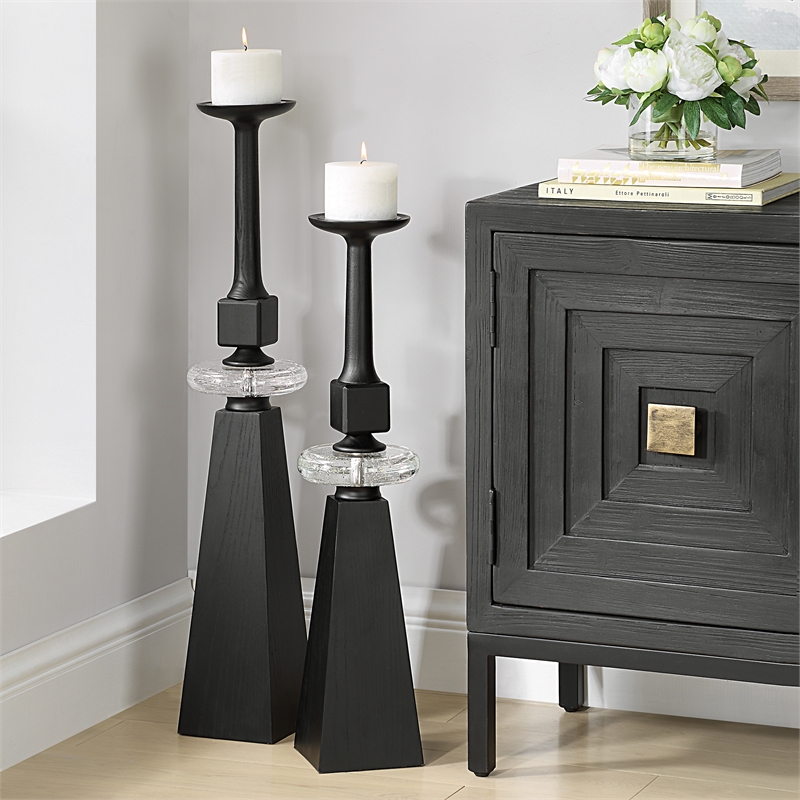 Uttermost Ebon Glow Floor Candleholders in Black (Set of 2)