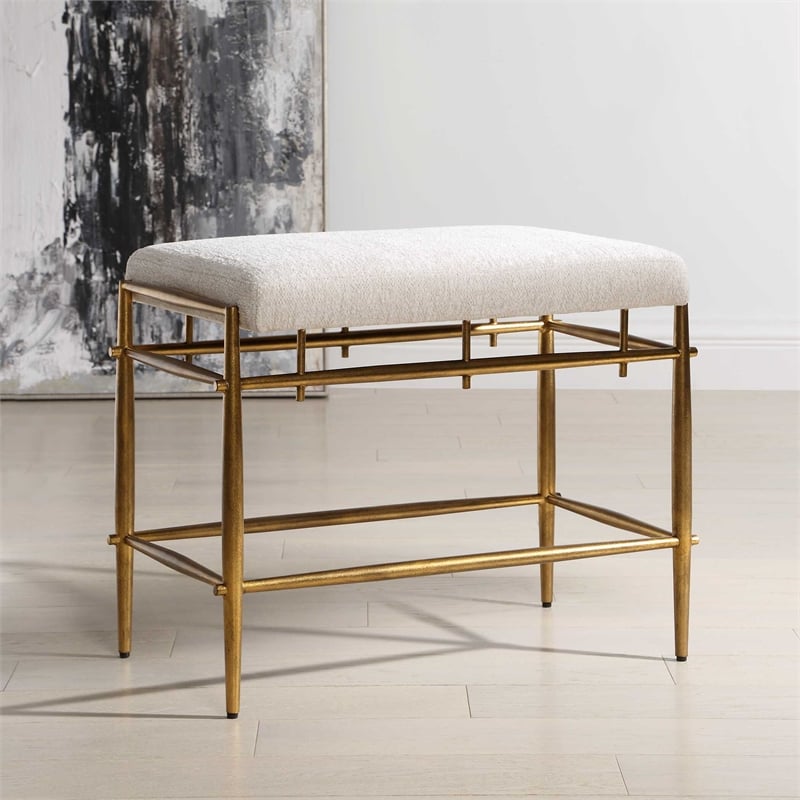 Uttermost Karleen Plush Small Ivory Chenille Bench inn Antique Brass Finish