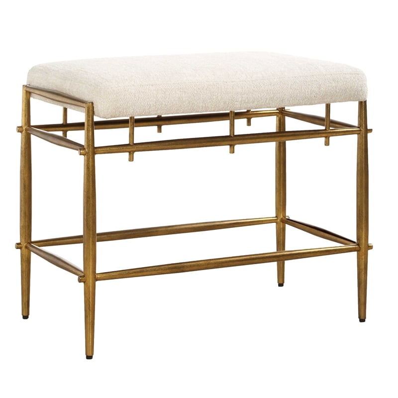 Uttermost Karleen Plush Small Ivory Chenille Bench inn Antique Brass Finish