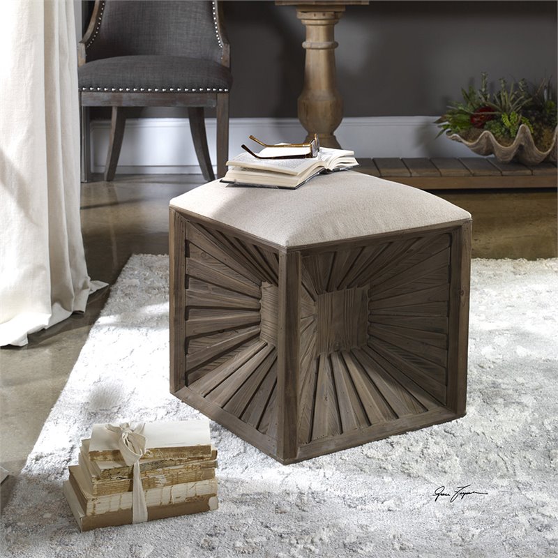 Uttermost Jia Coastal Wood and Fabric Ottoman in White/Woodtone