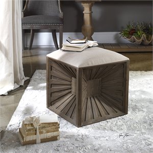 Uttermost Jia Coastal Wood and Fabric Ottoman in White/Woodtone