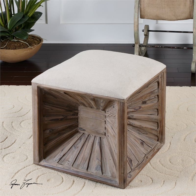 Uttermost Jia Coastal Wood and Fabric Ottoman in White/Woodtone