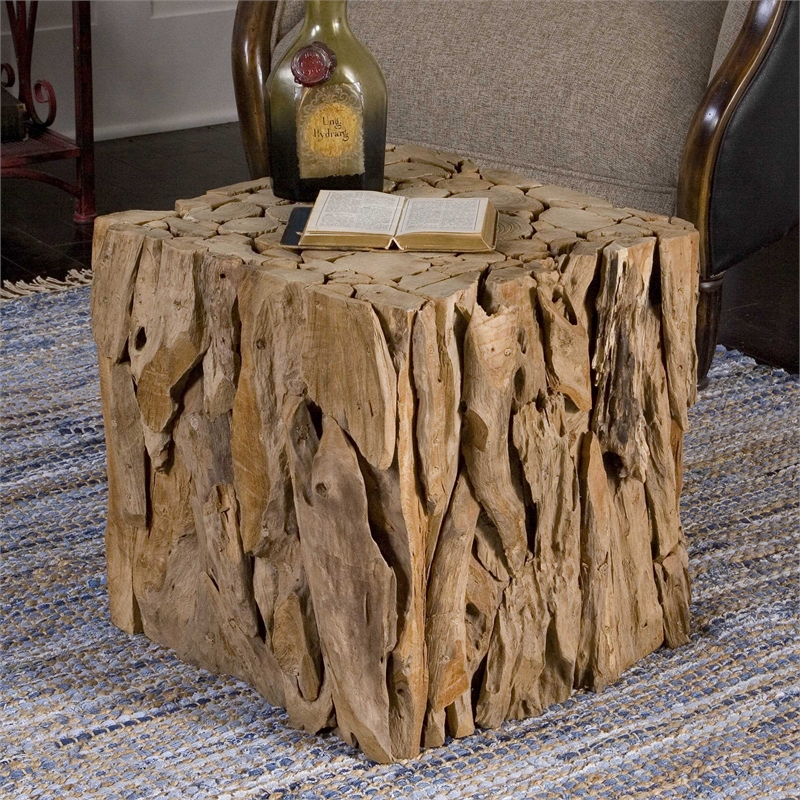 Uttermost Teak Root Contemporary Wood Bunching Cube in Natural