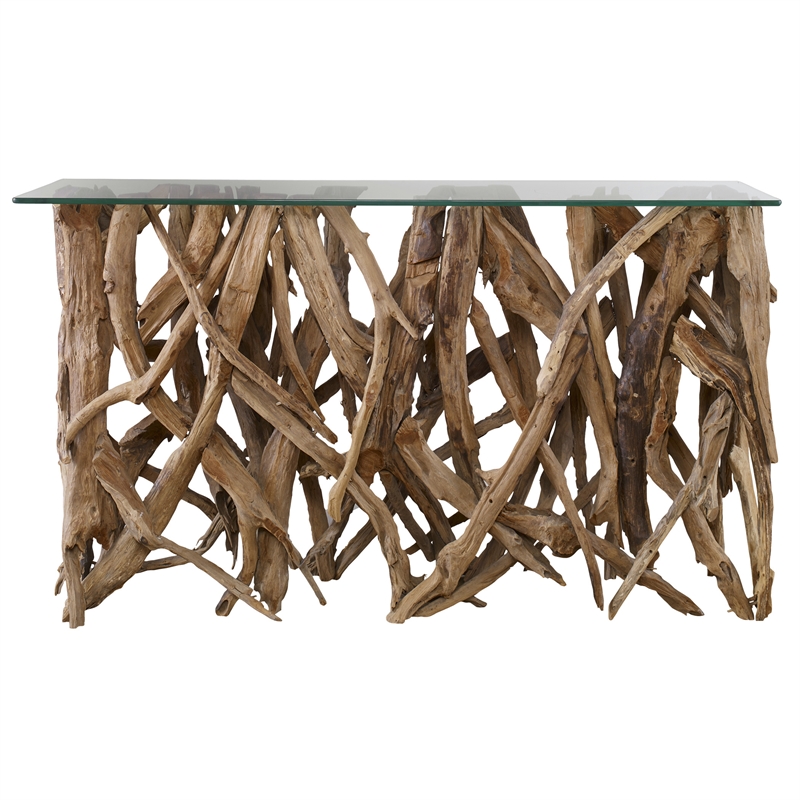 Uttermost Teak Coastal Wood and Glass Console Table in Woodtone