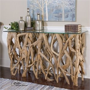 Uttermost Teak Coastal Wood and Glass Console Table in Woodtone