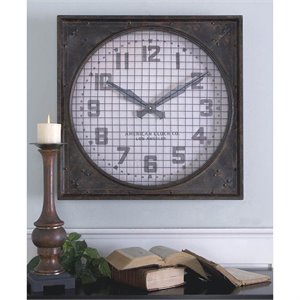 Uttermost Warehouse Iron MDF Wall Clock with Grill in Mottled Rust Brown/White