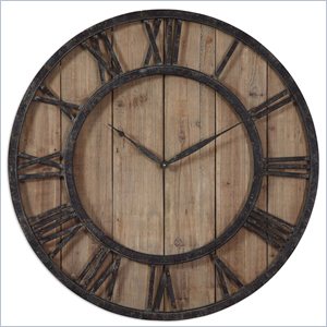 Uttermost Powell Aged Wood Panels Wall Clock in Rustic Dark Bronze