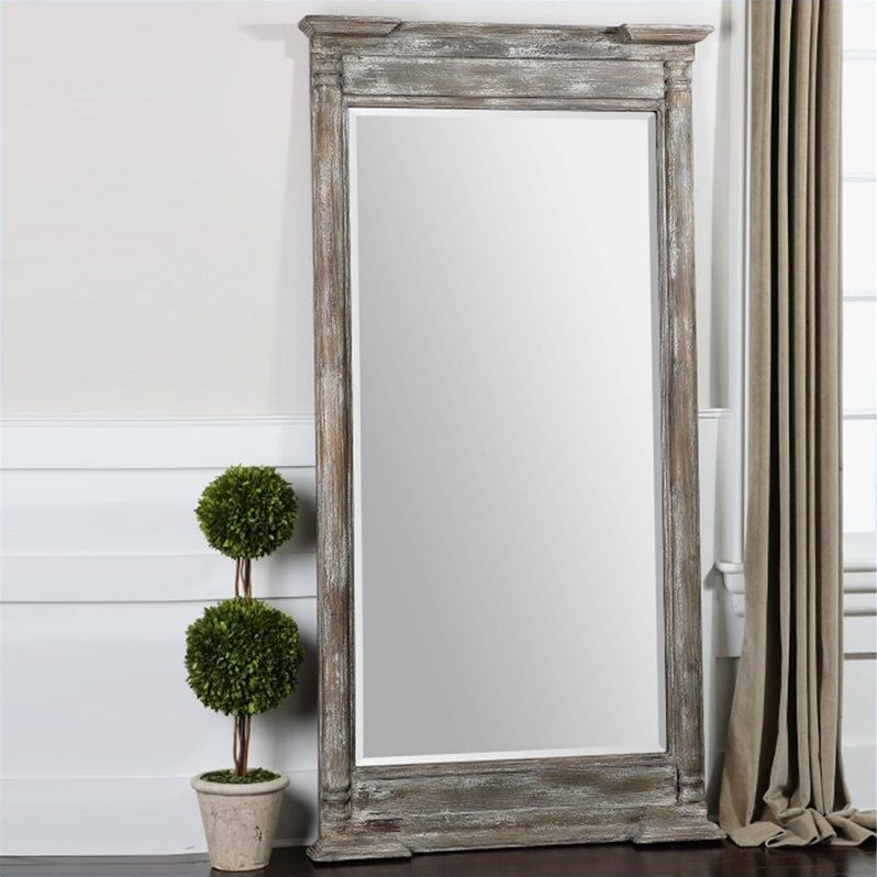 Uttermost Valcellina Wooden Leaner Mirror in Distressed Ivory Gray 07652