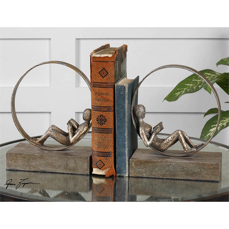 Uttermost Lounging Reader 2-Piece Metal MDF Bookend Set in Antiqued Silver/Gold