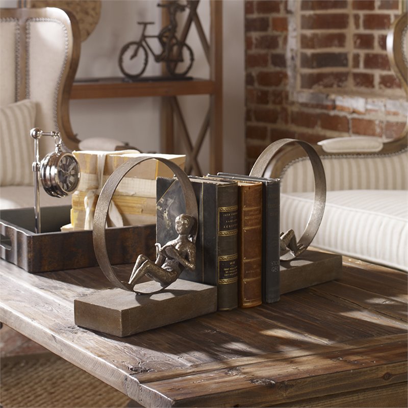 Uttermost Lounging Reader 2-Piece Metal MDF Bookend Set in Antiqued Silver/Gold