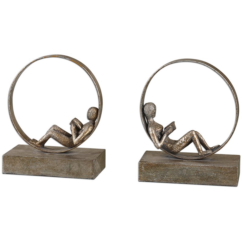 Uttermost Lounging Reader 2-Piece Metal MDF Bookend Set in Antiqued Silver/Gold