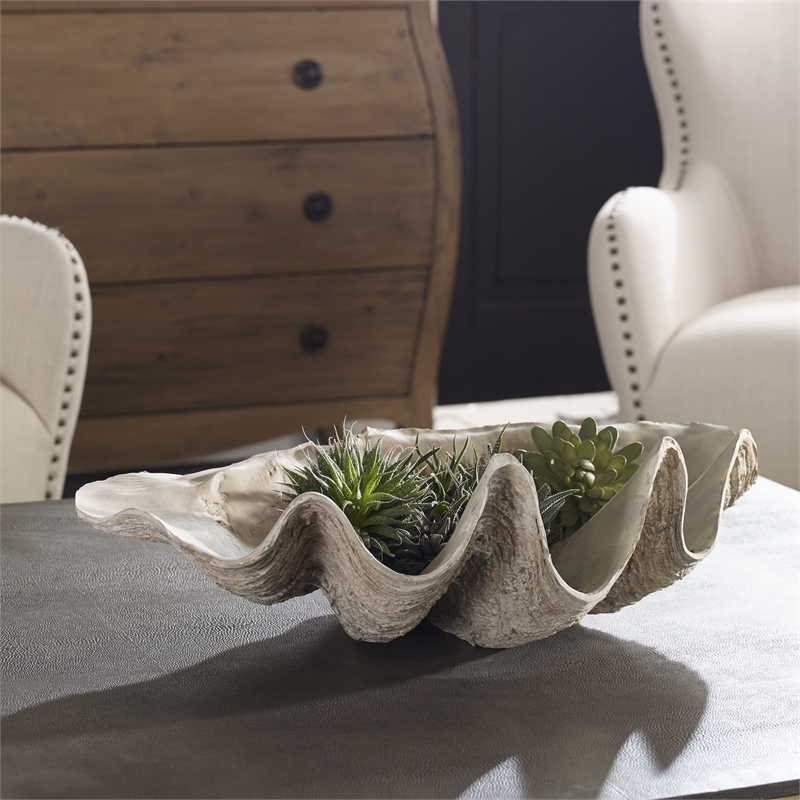 Uttermost Clam Coastal Polyresin Shell Bowl in Antique White/Brown/Gray