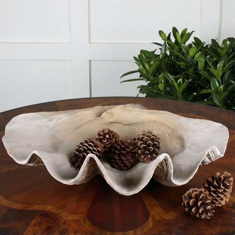 Uttermost Clam Coastal Polyresin Shell Bowl in Antique White/Brown/Gray