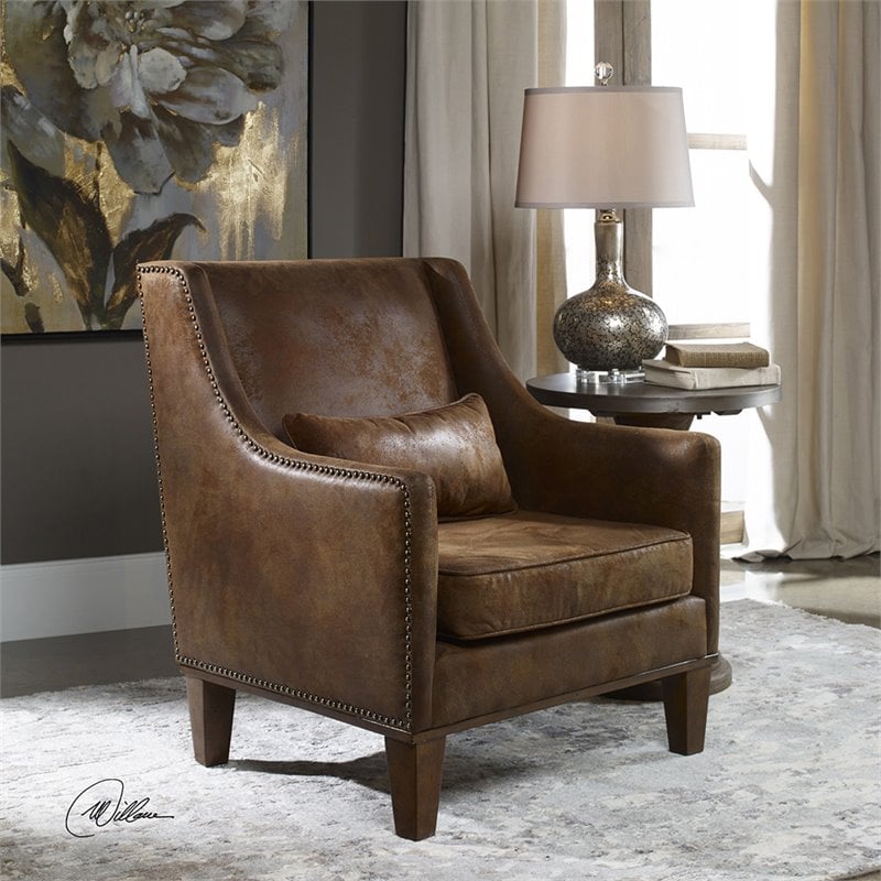 Uttermost Clay Transitional Wood Faux Leather and Foam Arm Chair in Brown