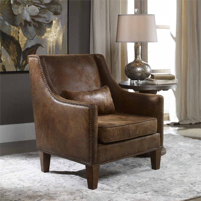 Uttermost Clay Transitional Wood Faux Leather and Foam Arm Chair in Brown