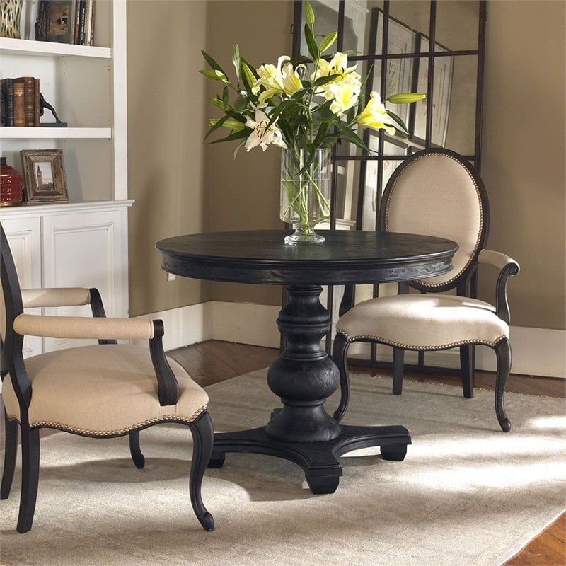 Uttermost Brynmore Round Traditional Pine Wood Grain Table in Satin Black