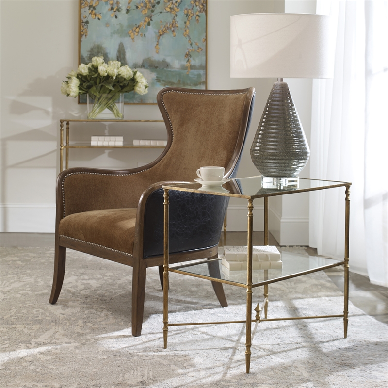 Uttermost Henzler Metal and Mirrored Glass Lamp Table in Gold Leaf