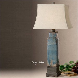 Uttermost Soprana Linen Steel Ceramic Table Lamp in Distressed Blue Glaze/Bronze