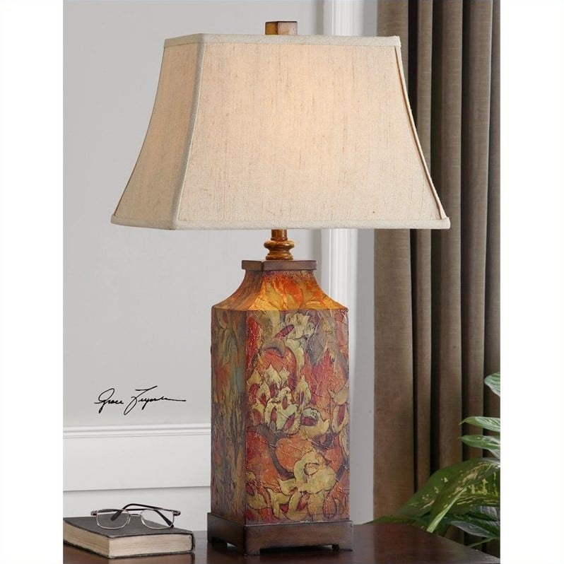 uttermost colorful flowers mid-century resin metal table lamp in ivory/walnut