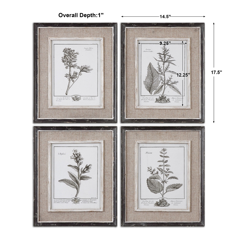 Uttermost Casual Gray Study Wood Flax and Linen Framed Art in Black (Set of 4)