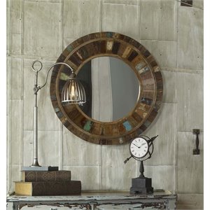 Uttermost Jeremiah Round Transitional Reclaimed Wood Mirror in Woodtone