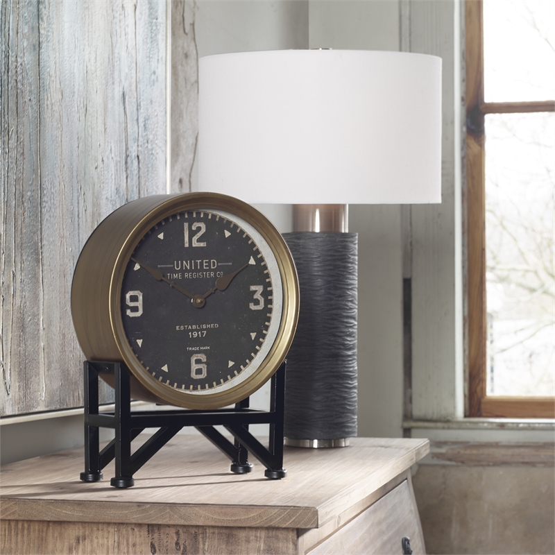 Uttermost Shyam Transitional Iron Glass and MDF Table Clocks in Black/Brass