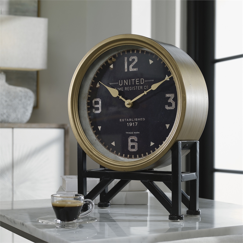 Uttermost Shyam Transitional Iron Glass and MDF Table Clocks in Black/Brass