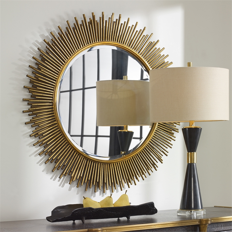 Uttermost Marlo Round Contemporary Iron and MDF Wood Mirror in Gold
