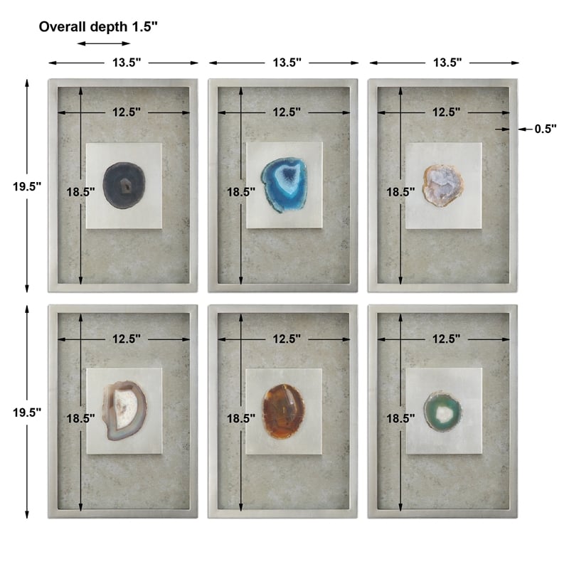 Uttermost Agate Contemporary MDF Glass Paper Wall Art in Silver (Set of 6)