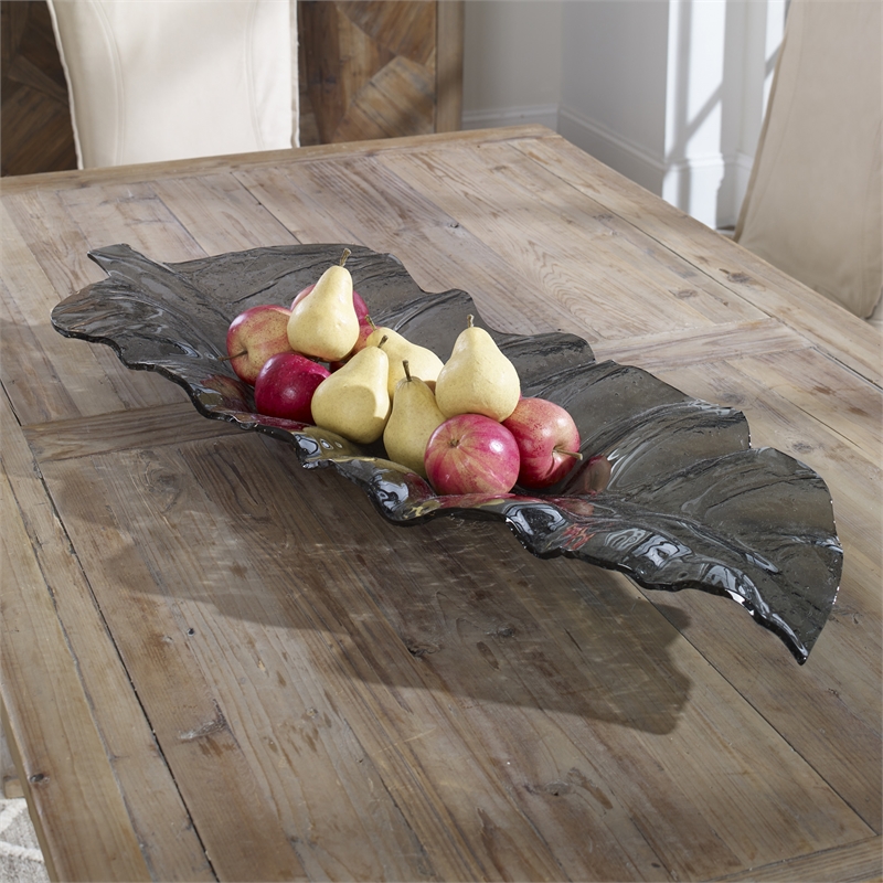 Uttermost Smoked Leaf Coastal Glass Tray in Dark Gray Finish