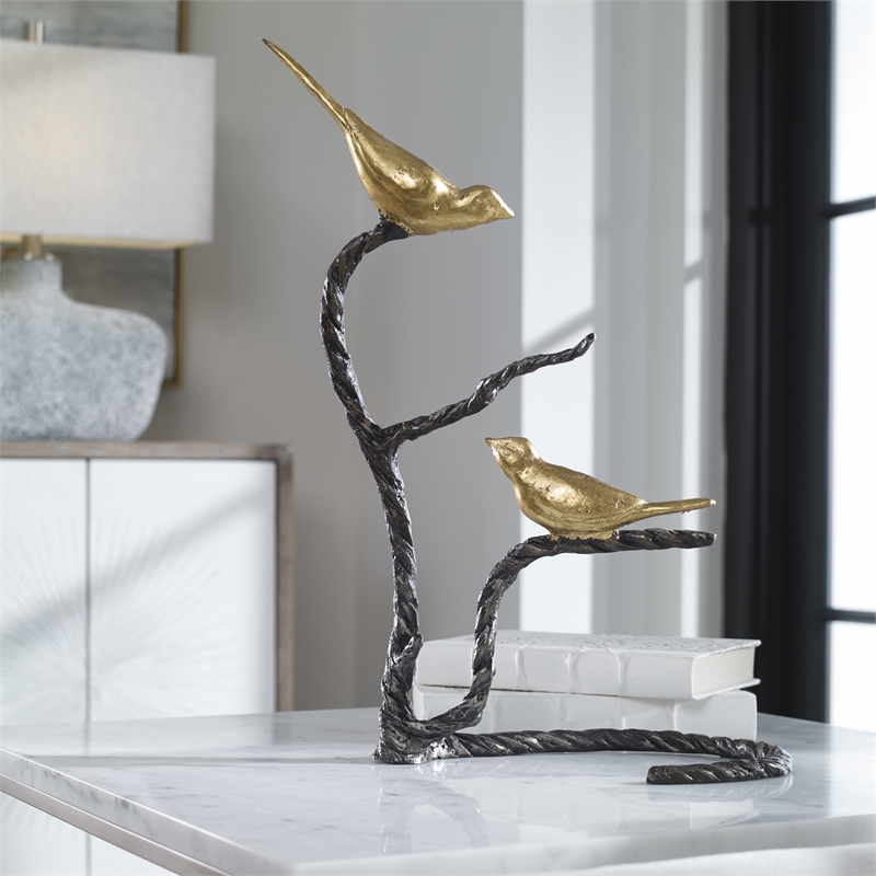 Uttermost Birds On A Limb Coastal Metal Sculpture in Gold Finish