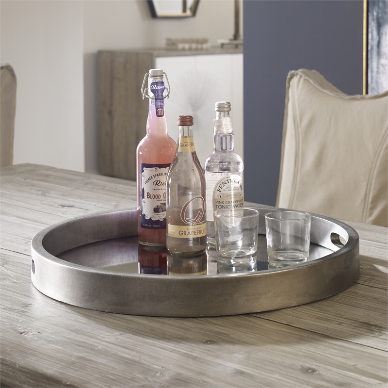 Uttermost Bechet Round Farmhouse MDF and Mirror Tray in Silver