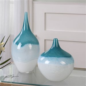 Uttermost Carlas Contemporary Glass Vases in Teal Blue/White (Set of 2)