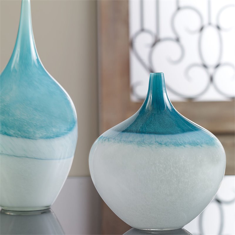 Uttermost Carlas Contemporary Glass Vases in Teal Blue/White (Set of 2)