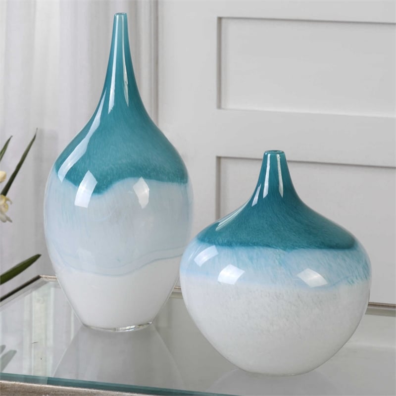 Uttermost Carlas Contemporary Glass Vases in Teal Blue/White (Set of 2)