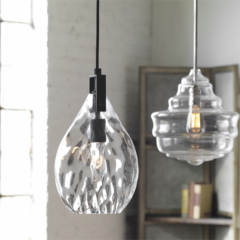 Uttermost Campester 1-Light Metal and Watered Glass Mini Pendant in Black/Clear
