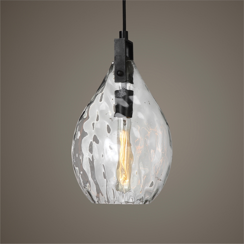 Uttermost Campester 1-Light Metal and Watered Glass Mini Pendant in Black/Clear