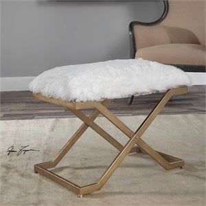 uttermost farran cast iron and fur bench in antiqued gold/white