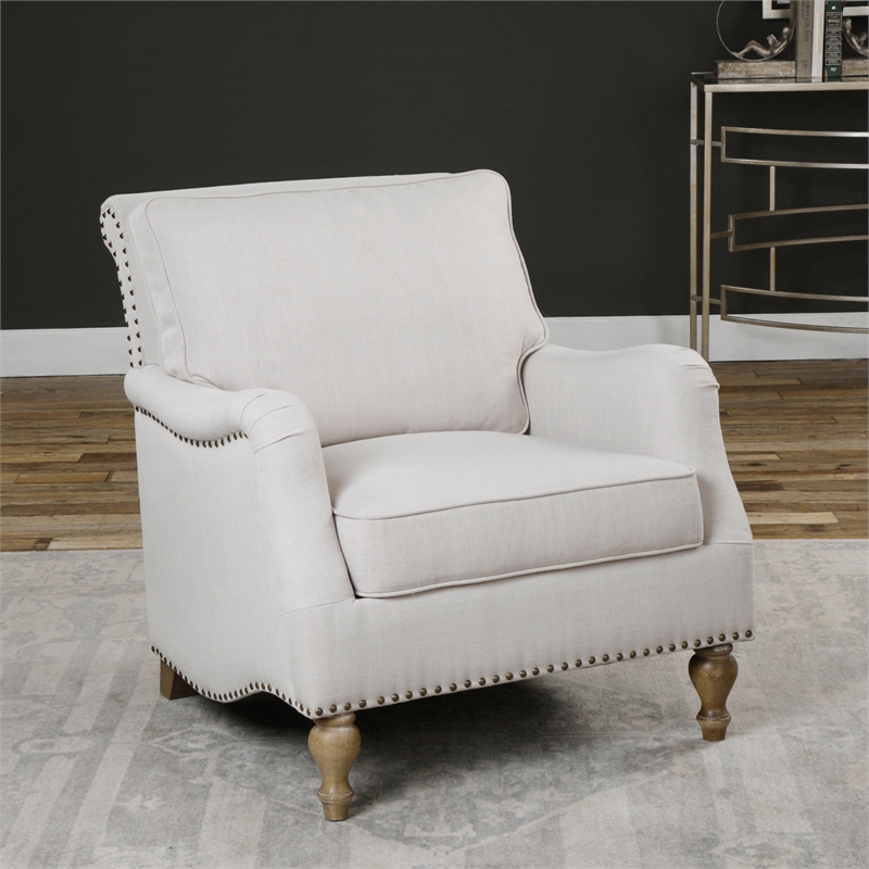 Uttermost Armstead Transitional Wood and Fabric Armchair in White/Brass